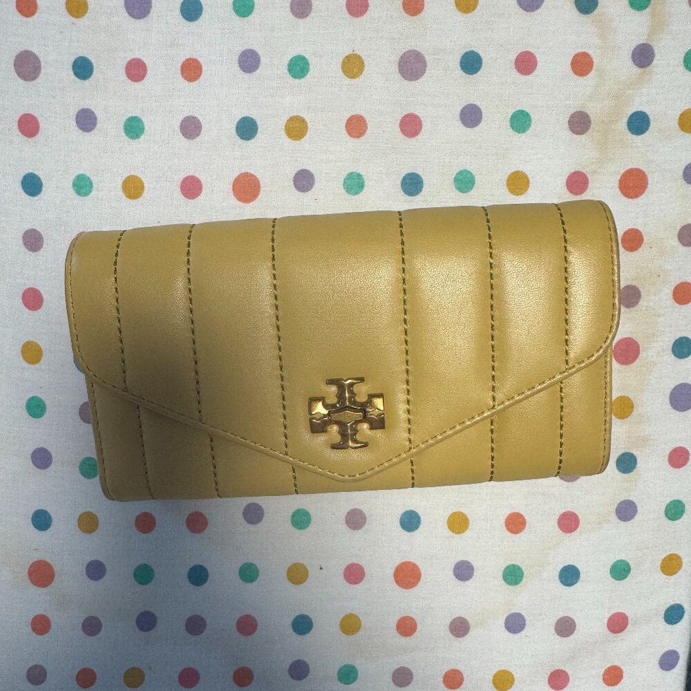 Tory Burch Quilted Leather Wallet in Mustard Yellow with Gold Logo